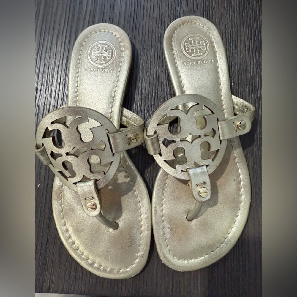 Tory Burch Miller Sandals with Iconic Tory Burch Logo in a matted gold color